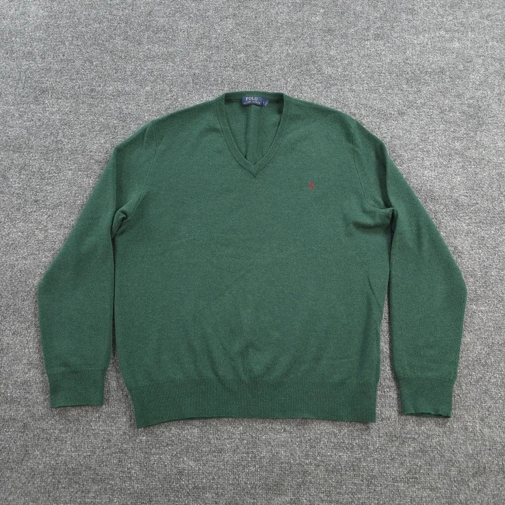 Polo Ralph Lauren Sweater Mens Large Green 100% Merino Wool V Neck Knit Pullover